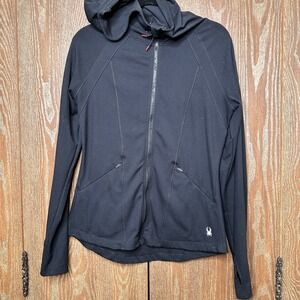 Spyder Active Women Black Full Zip Hooded Jacket Thumbholes M Running Athletic